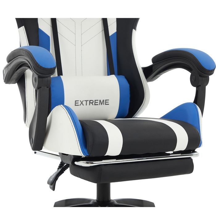 Fotel Gamingowy Extreme R1 Black/White/Blue, Z Podnóżkiem Dla Graczy