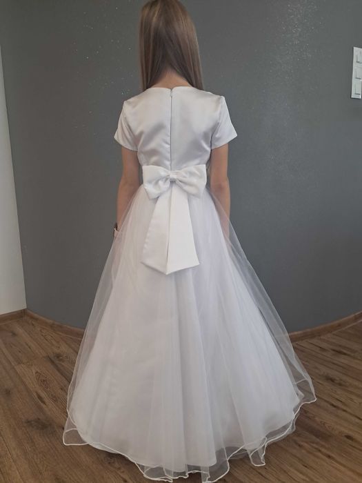 Sukienka komunijna, tiul, koronka, perełki, diamenciki