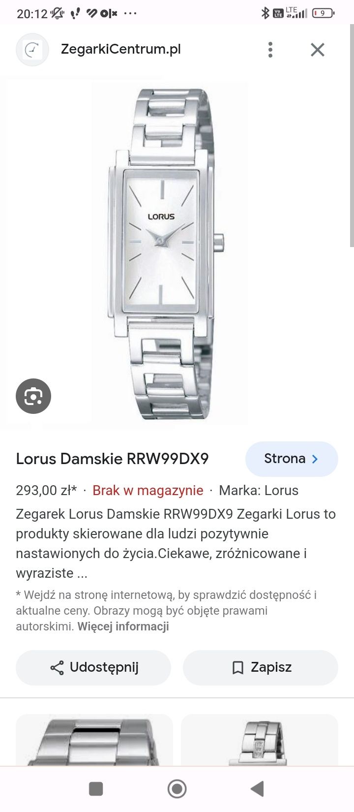 Zegarek damski Lorus prostokątny