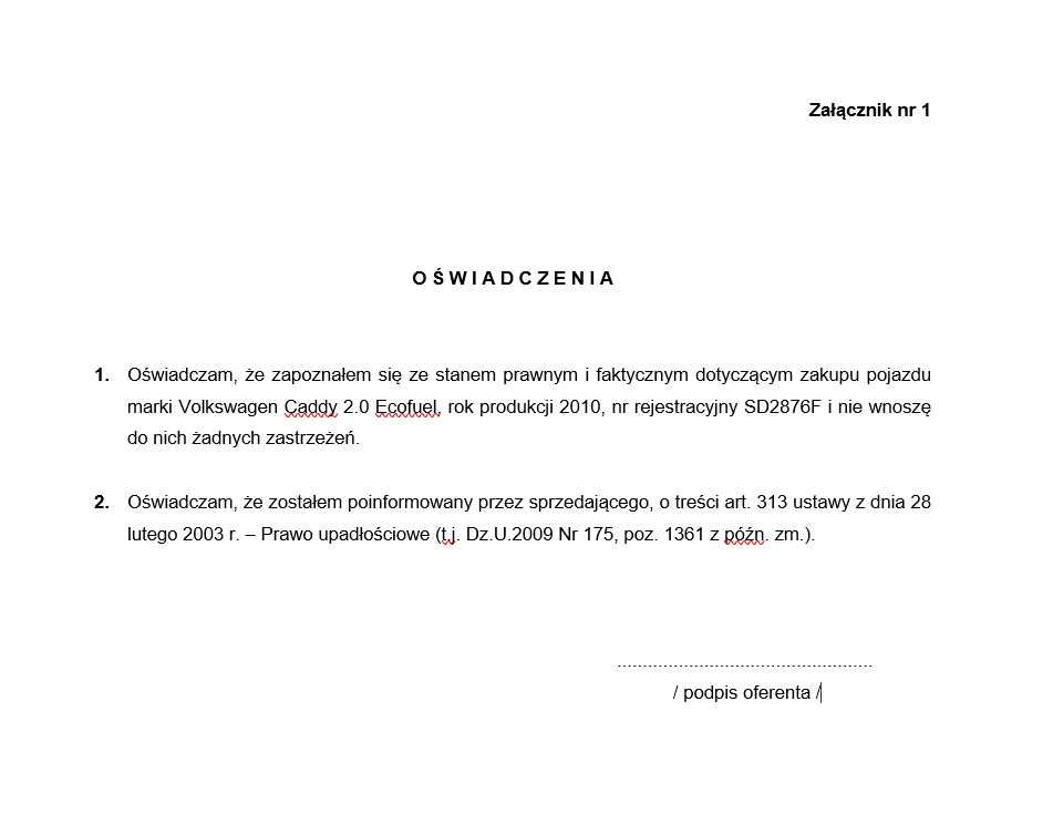 Syndyk sprzeda samochód marki Volkswagen Caddy