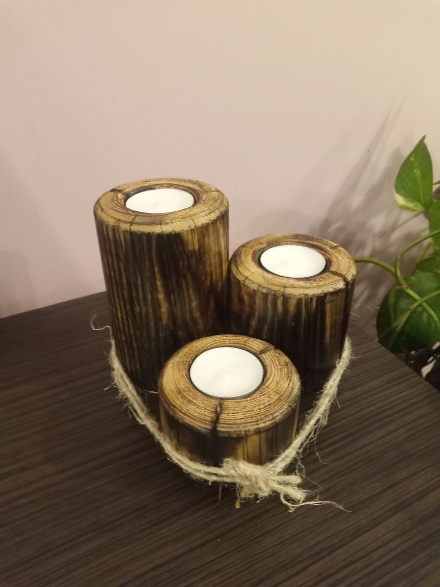 Świeczniki drewniane tealight 3 Sztuki rękodzieło