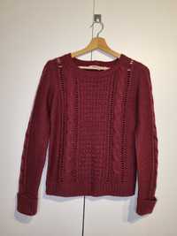 Sweter 36 S pleciony bordowy warkocze ażurowy moda vintage