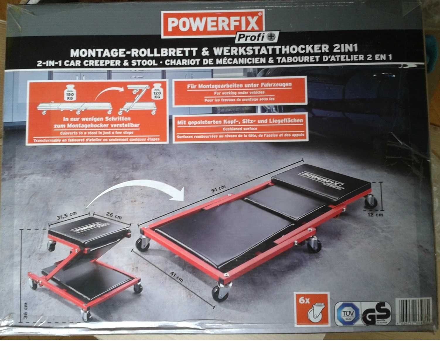POWERFIX Profi Leżanka montażowa warsztatowa na kółkach / stołek 2w1
