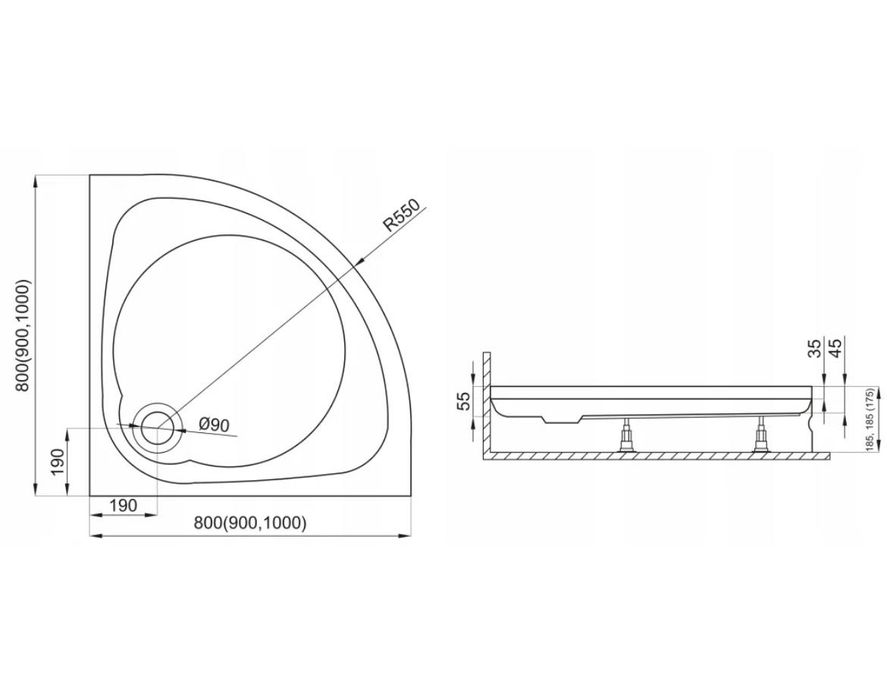 Brodzik półokrągły biały nowy 90x90x5