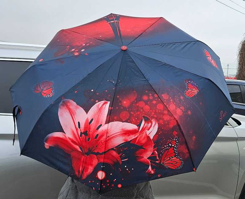 Женский зонт полный автомат с лилией и Эйфелевой башне