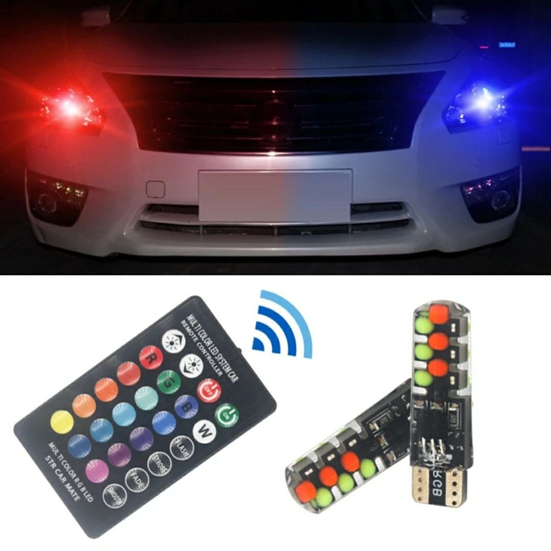 Led RGB w5w, T10, габариты разноцветные, стробоскоп подсветка салона