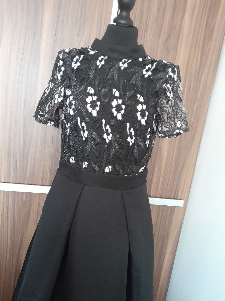 Elegancka dłuższą Czarna sukienka midi krótki rękaw S 36