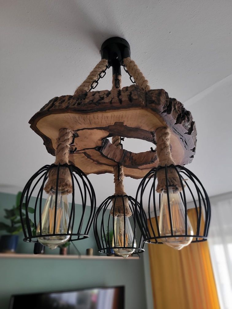 Lampa wisząca z drzewa orzechowego sznur jutowy Loft Handmade