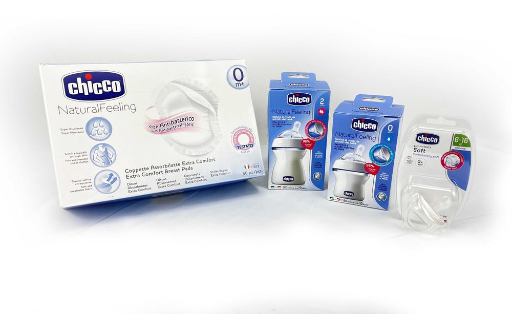 Biberões 0m, 2m, Chupeta 6-16m, Discos Absor. Amamentação - KIT CHICCO