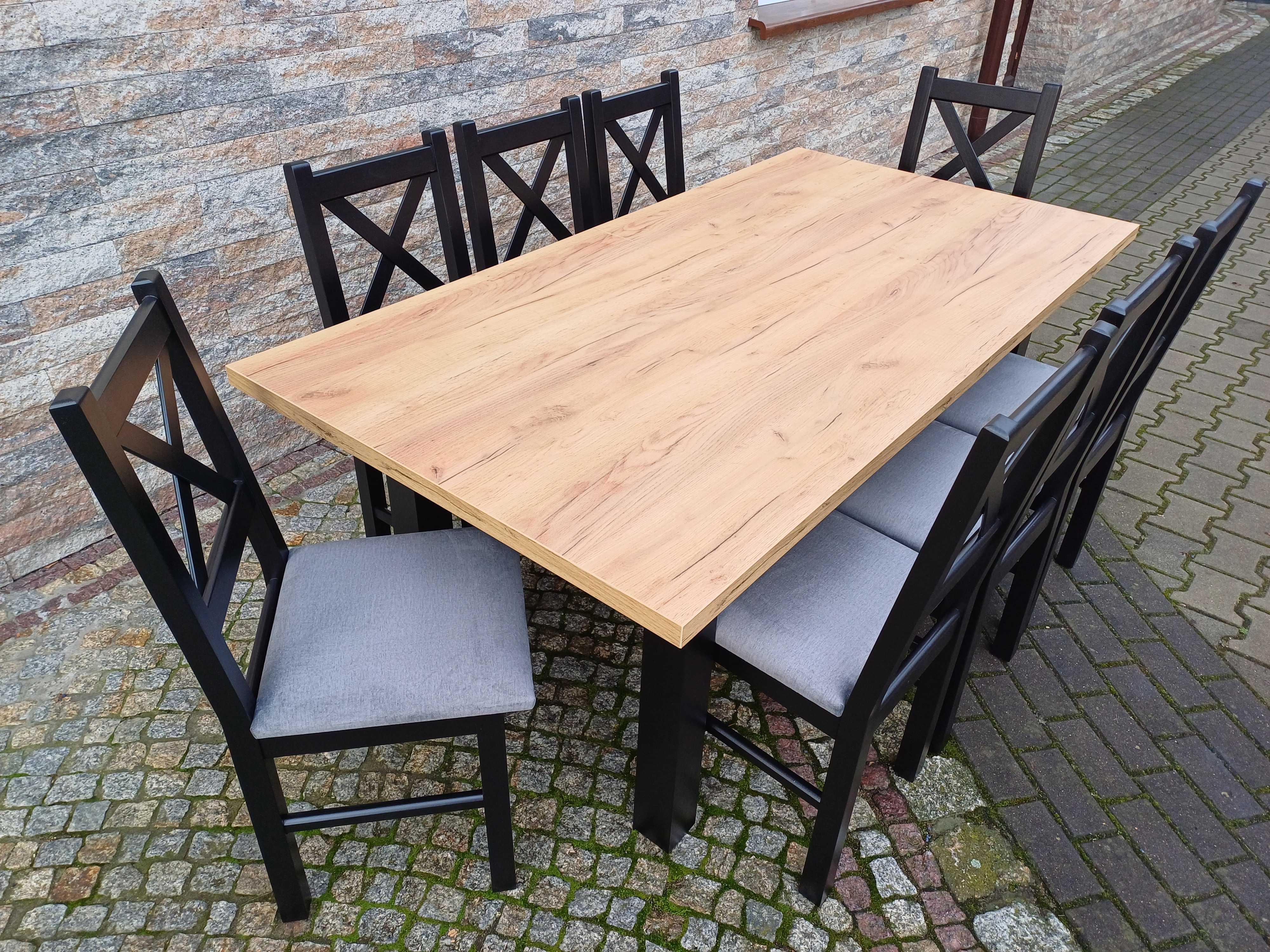 Stol 150/200x80x76 +6 krzesel czarny /blat dab craft zloty okazja