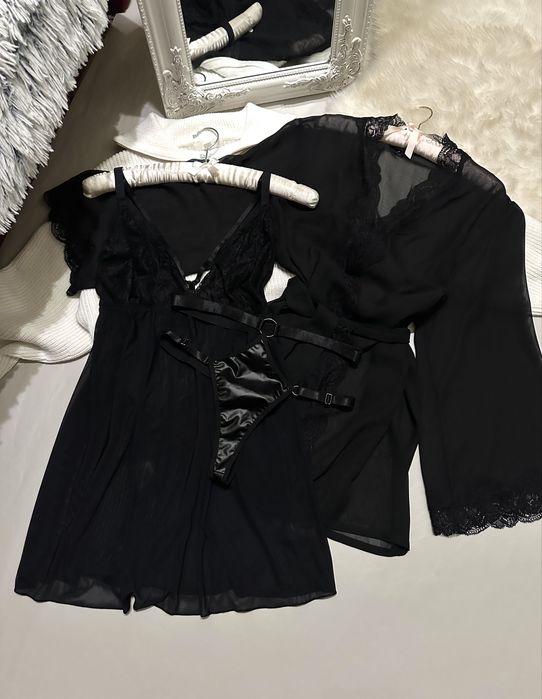 Красивый черный комплект пенюар + халат+ трусы с поясом размер М