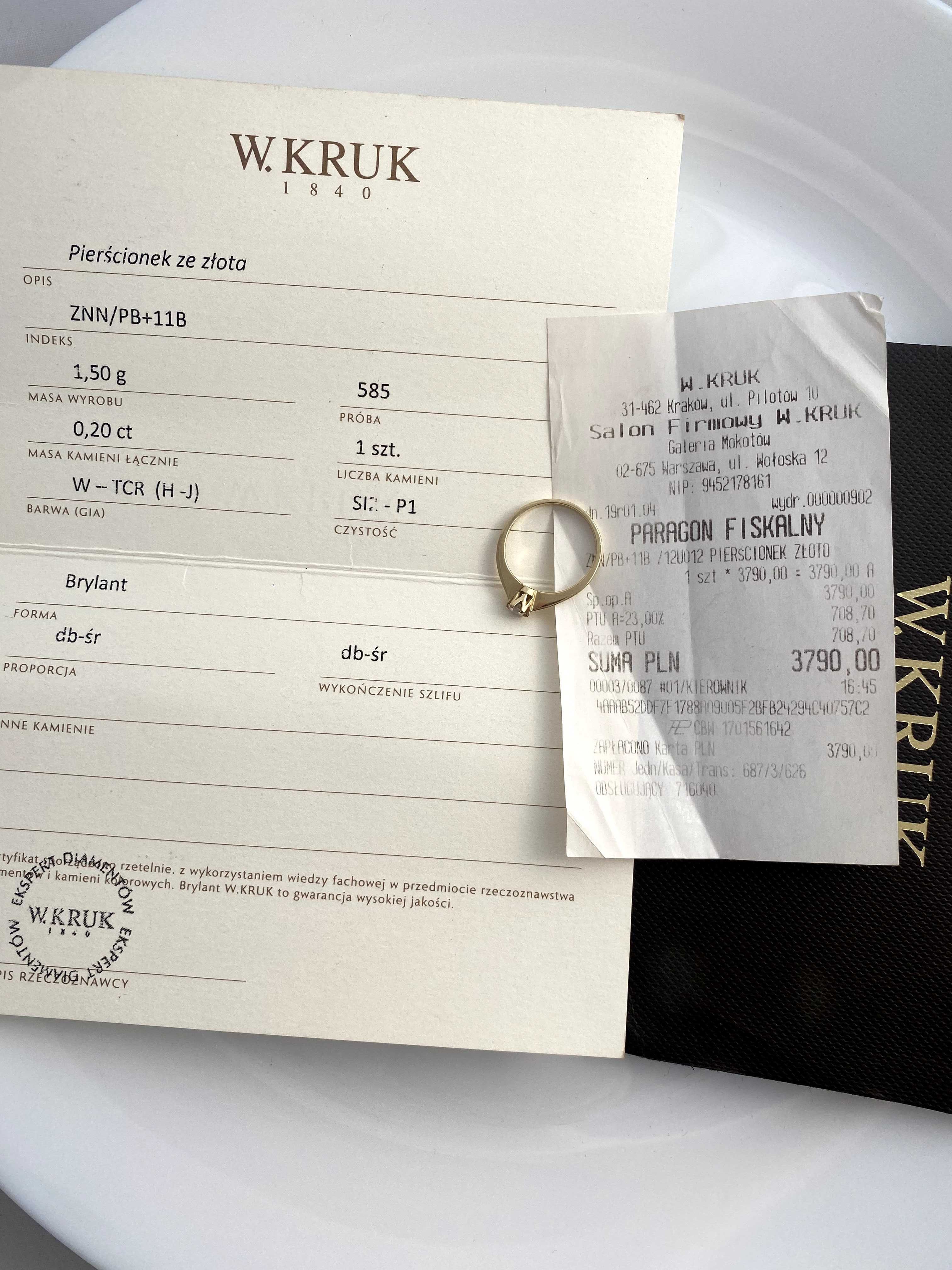 Złoty pierścionek z brylantem W.Kruk+ certyfikat i dowód zakupu