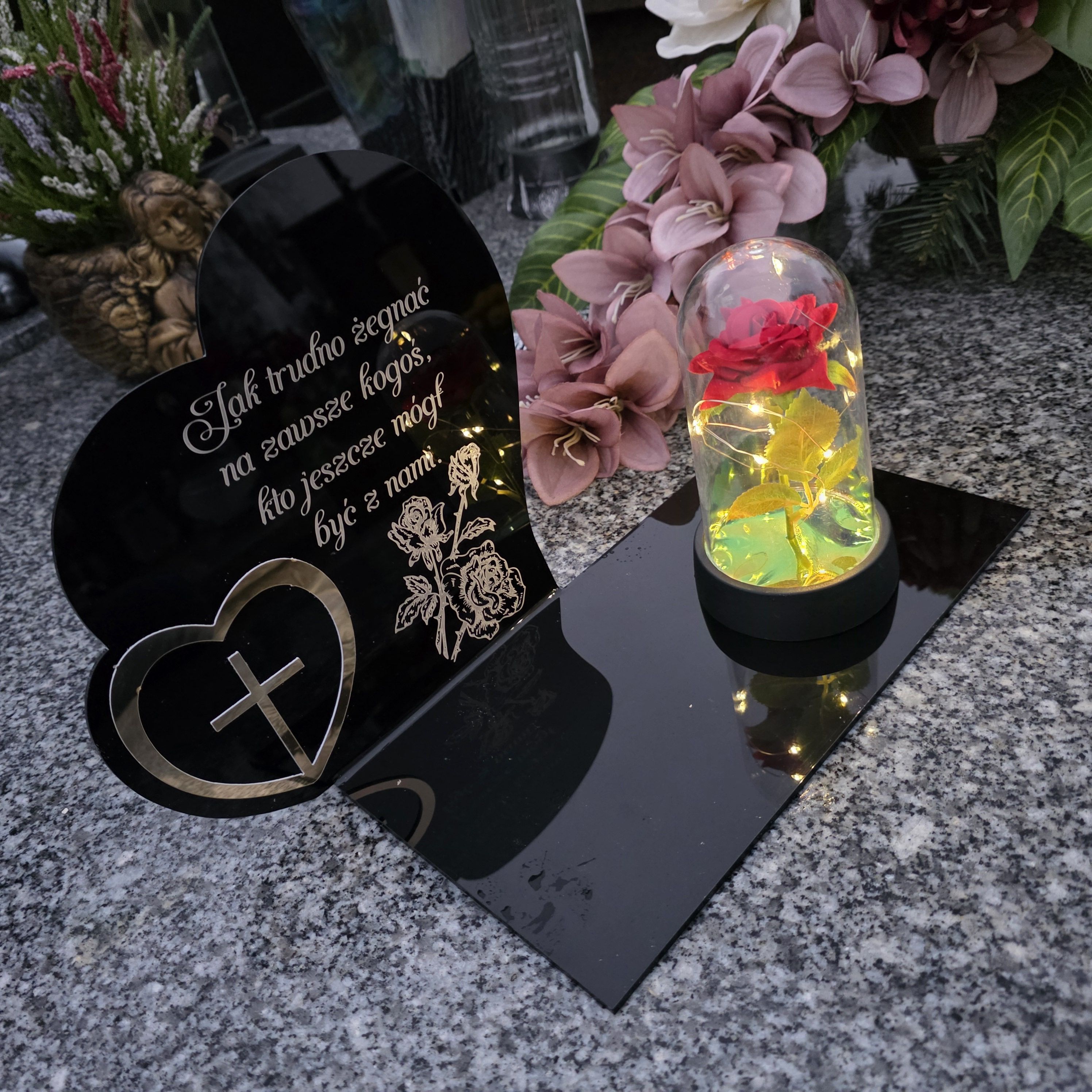 Dekoracja na grób znicz podstawka na cmentarz lampka led wieczna róża
