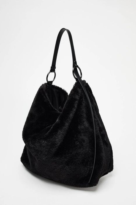 Zara czarna torba futrzana tote futro dwustronna shopper XXL