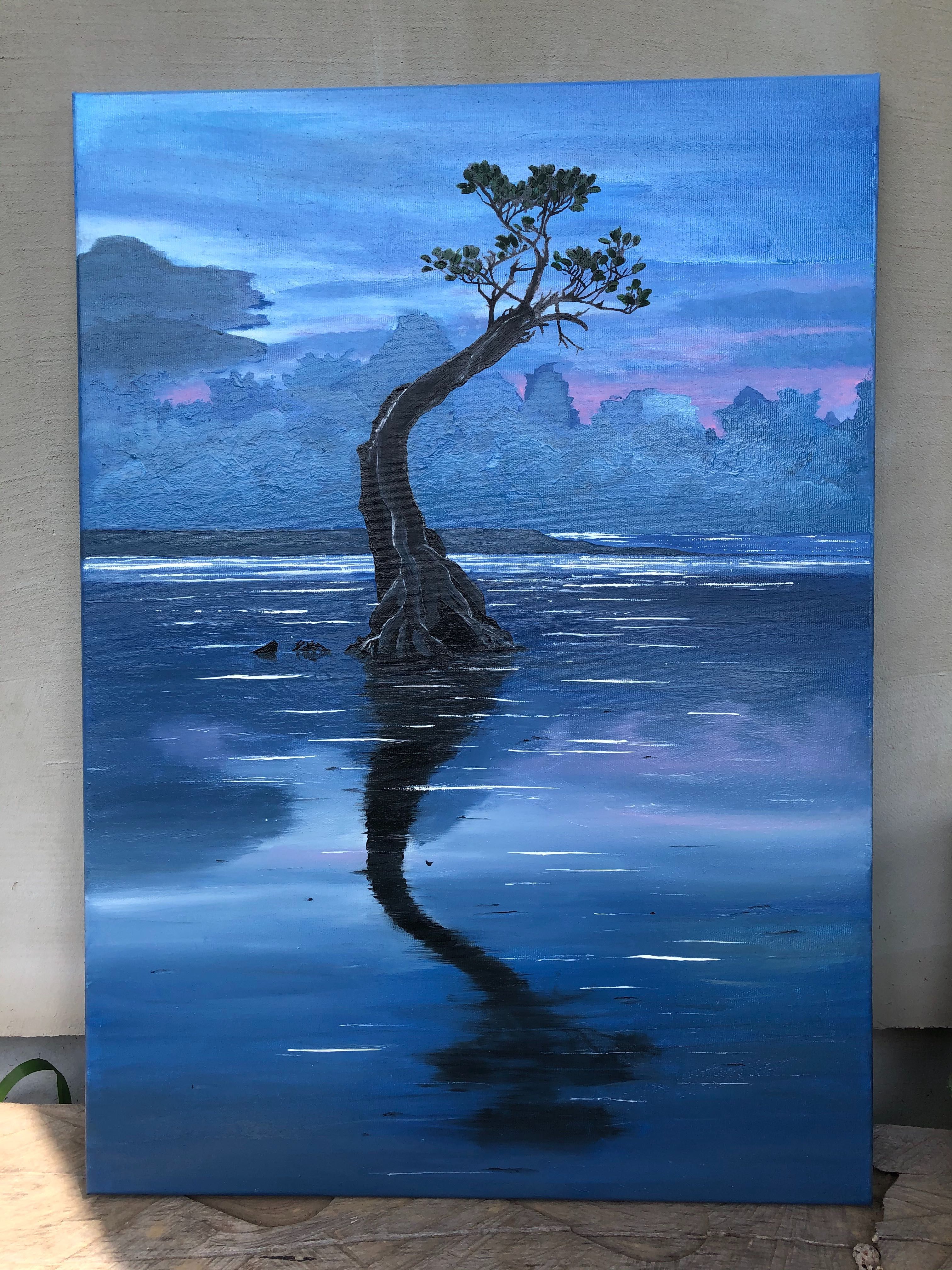 Obraz olejny, natura, woda, drzewo odcienie niebieskiego
