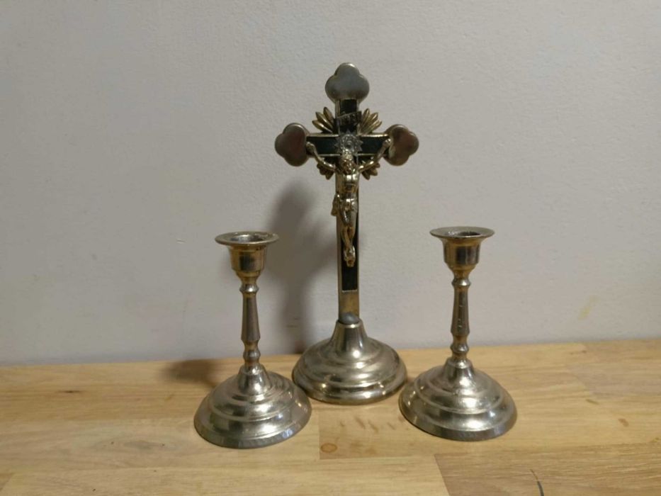 stary zestaw kolędowy pasyjka lichtarze sygnowany