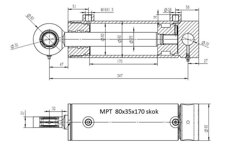 Siłownik hydrauliczny TUZ METALPLAST 80x35 skok 170 cylinder