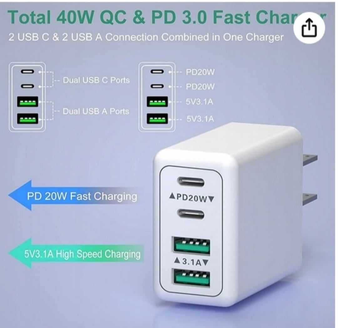 Ładowarka 4-porty 40W Podwójny 2x USB-A 2x USB-C