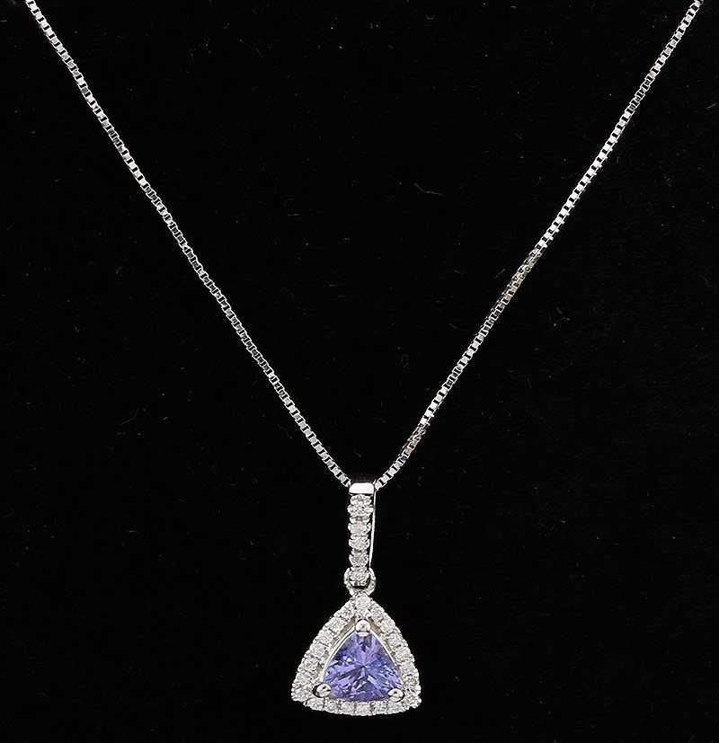 Złota zawieszka z tanzanitem i diamentami na łańcuszku 46cm 14K
