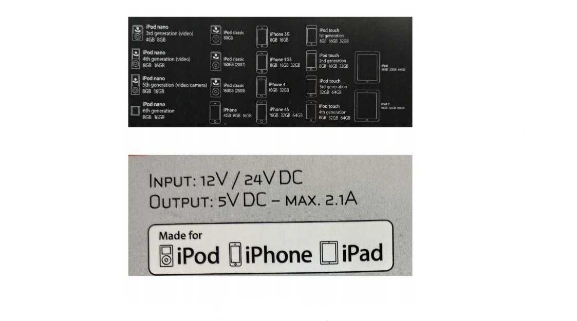Ładowarka Samochodowa Do Ipod Iphone Ipad 2 Biała Czarna 12/24V 2.1A