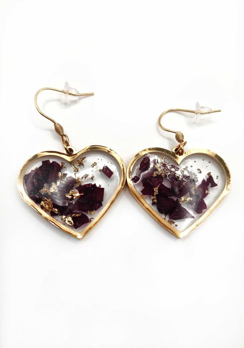 Kolczyki Serduszka ze Stali Nierdzewnej z Płatkami Róży