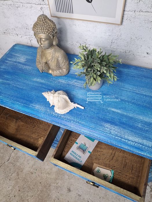 Komoda rzeźbiona, szafka drewniana, zdobiona, niebieska, turkusowa