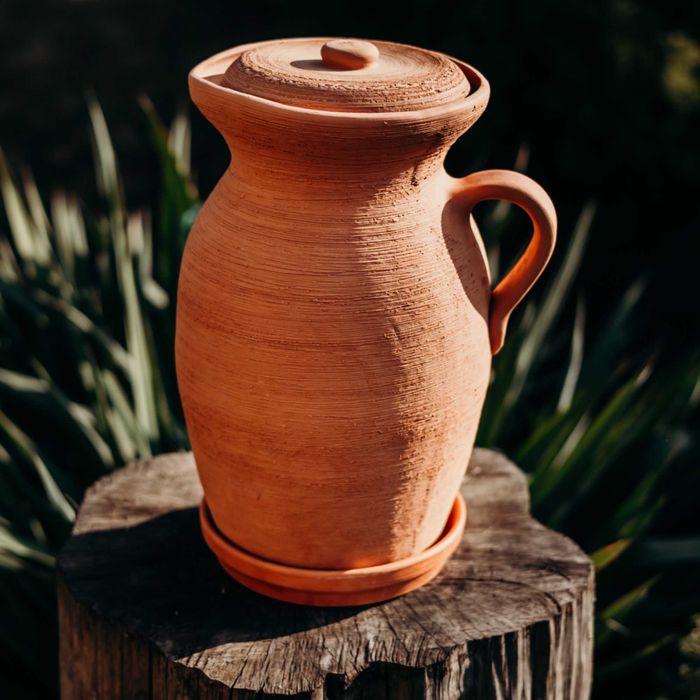 Dzbanek gliniany filtrujący 4 l. Naturalny. Atest+podstawka + pokrywka