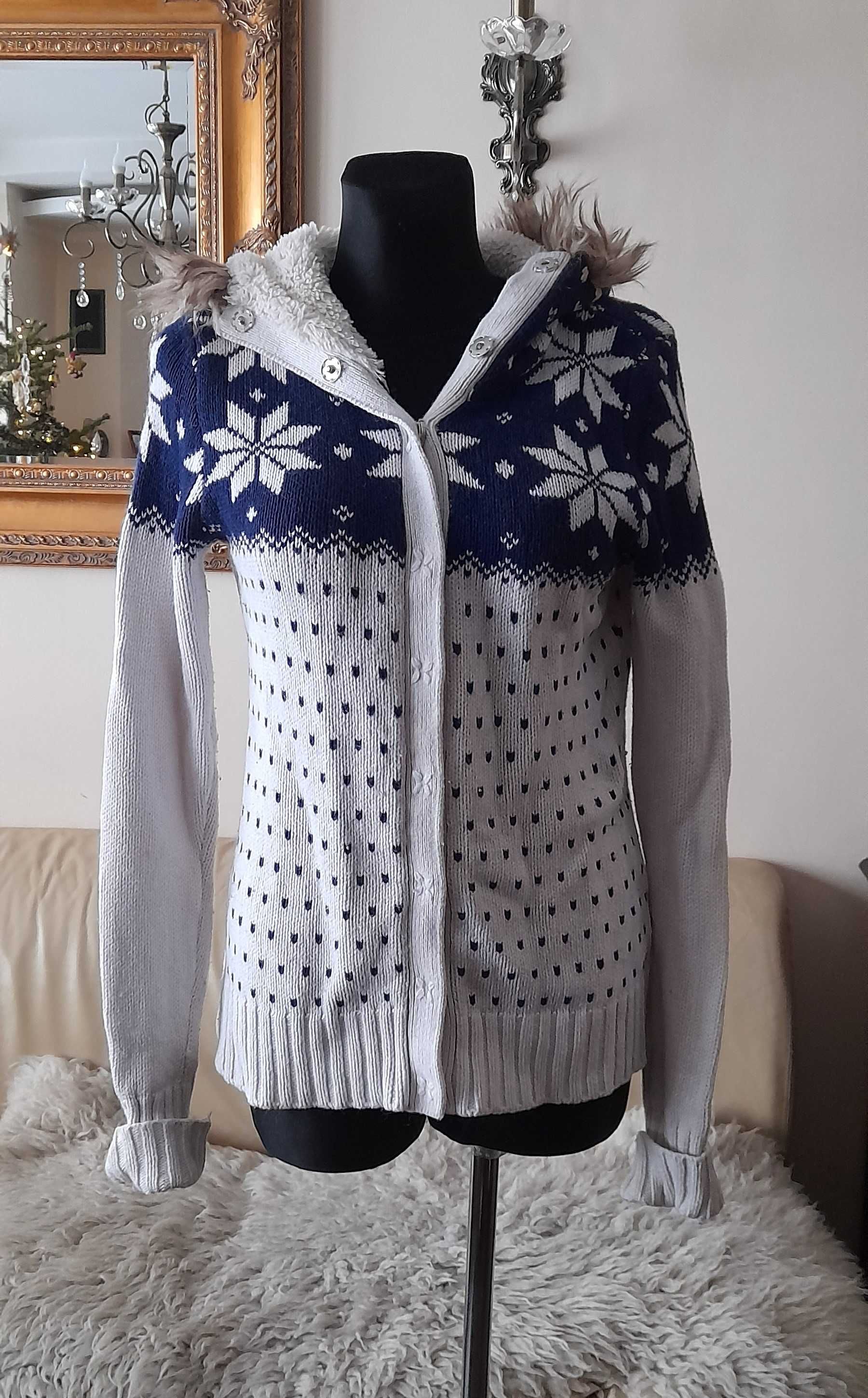 śliczny KARDRIGAN wzór NORWESKI H&M r. S/M sweter rozpinany stan BDB