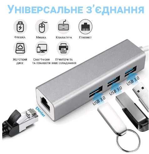 Концентратор, адаптер USB 3.1 Type-C-> RJ45 Гигабит 1000 3хUSB 3.0 хаб