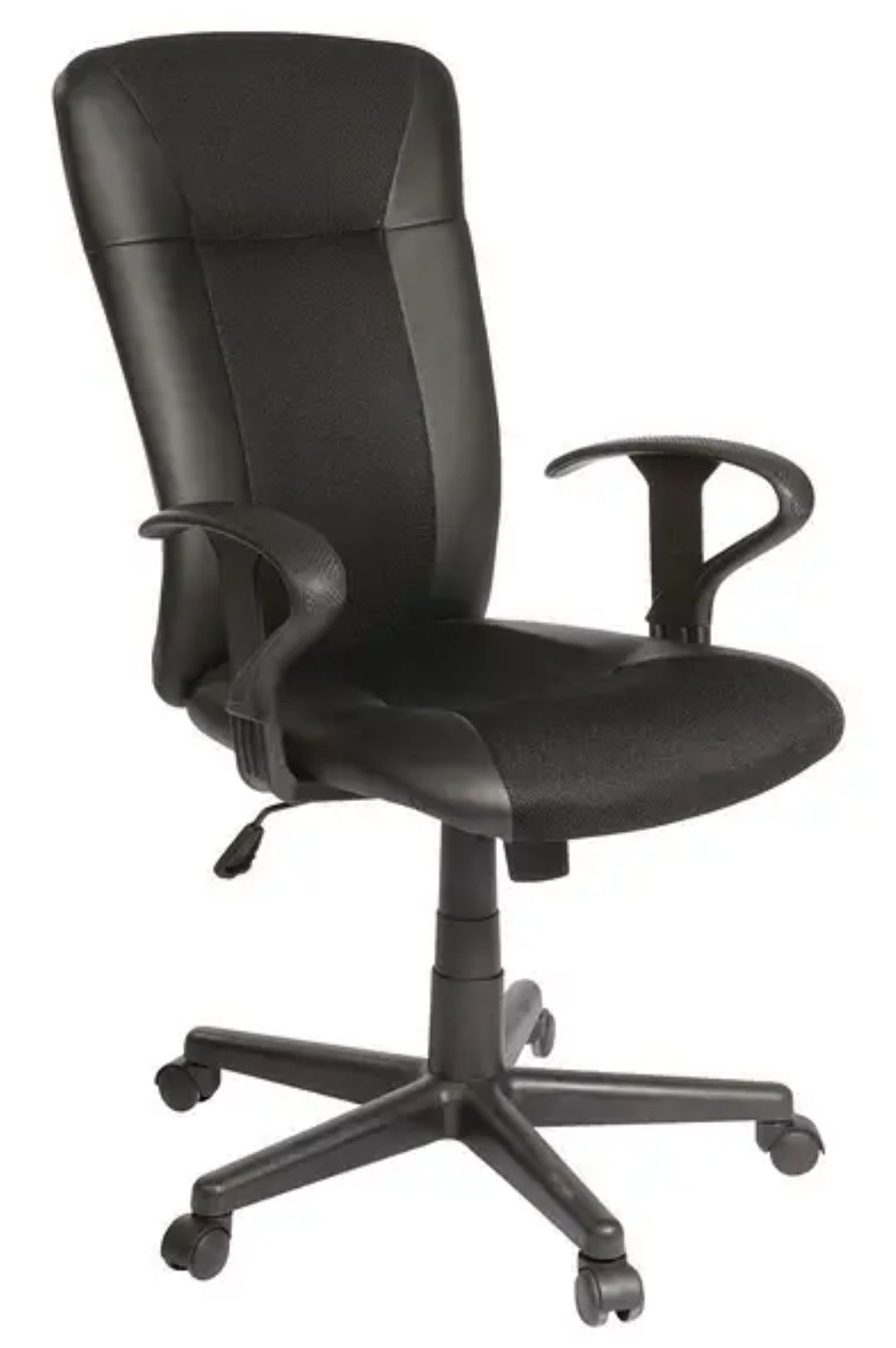 Крісло офісне на коліщатках чорне шкіряне з ручками