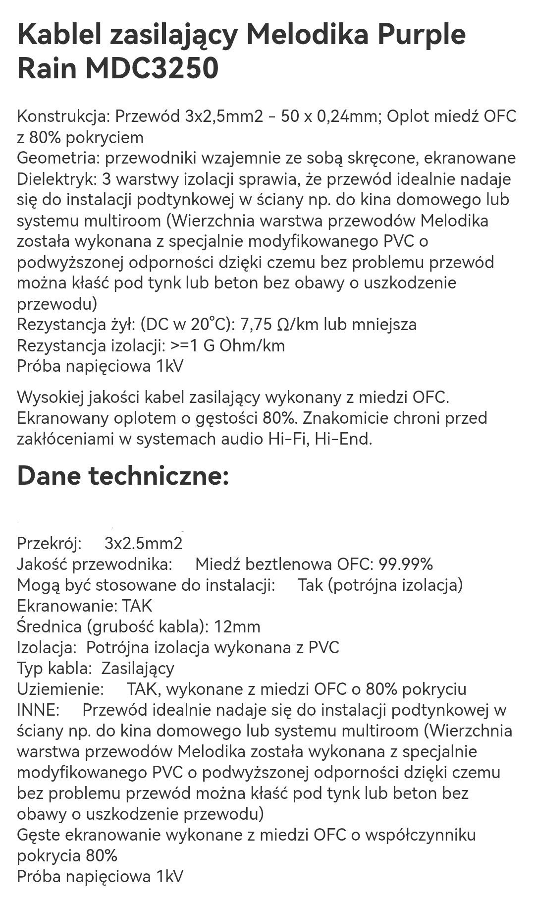Kabel zasilający audio Melodika 3x2.5 mm dł 2.0m Wtyki kątowe - proste