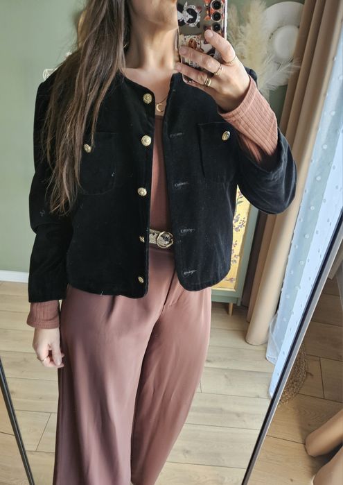 Unikatowy Czarny Żakiet damski Aksamitny/Welurowy Vintage Złote Guziki