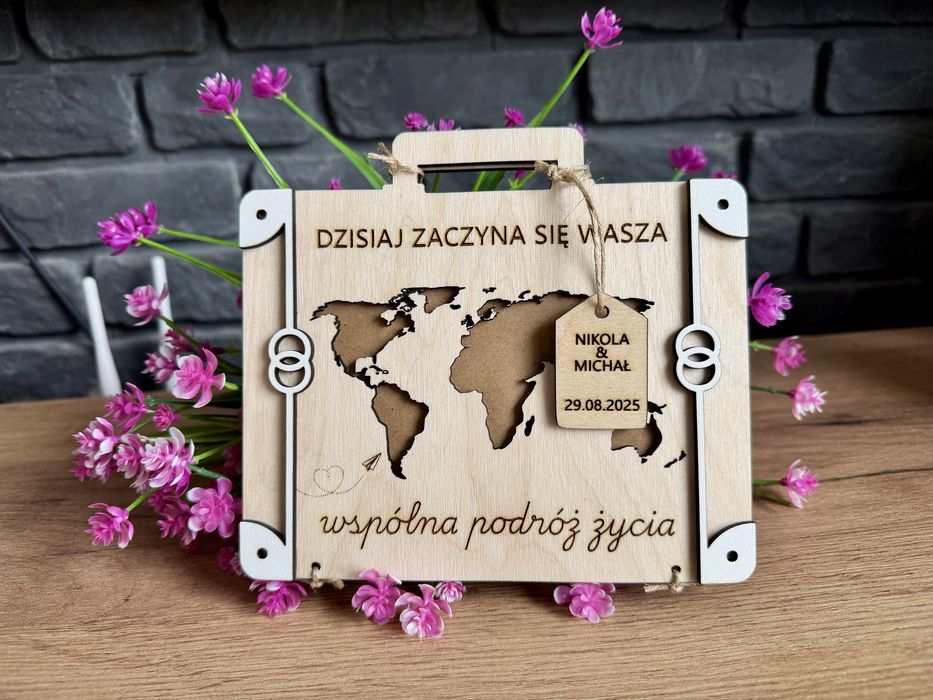Życzenia kartka prezent teczka torba ślub wesele drewniana 3D