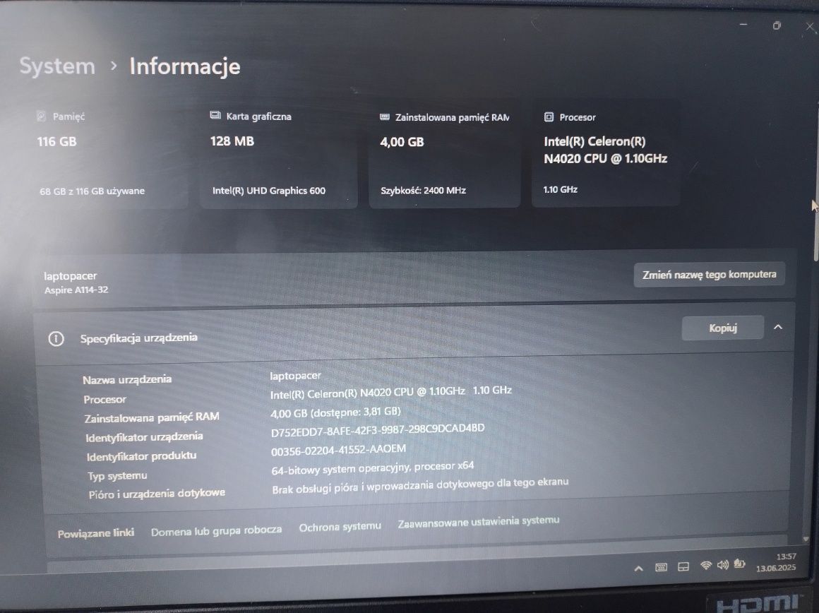 Acer Aspire 1 A114-32 – 115 GB, 4 GB RAM, Windows 11 + ładowarka