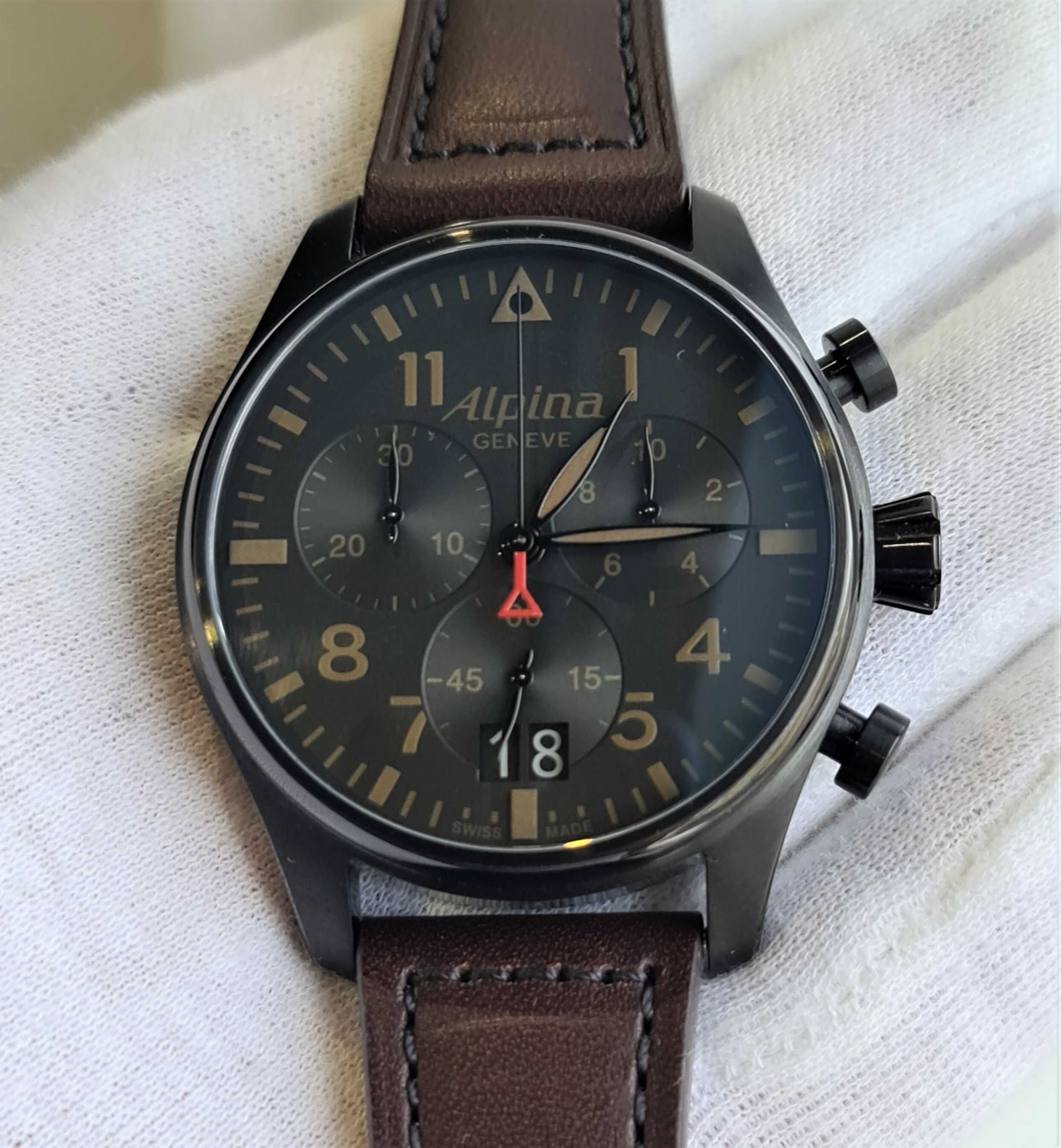 Чоловічий годинник часы Alpina Pilot Chronograph Black 44mm E-Strap