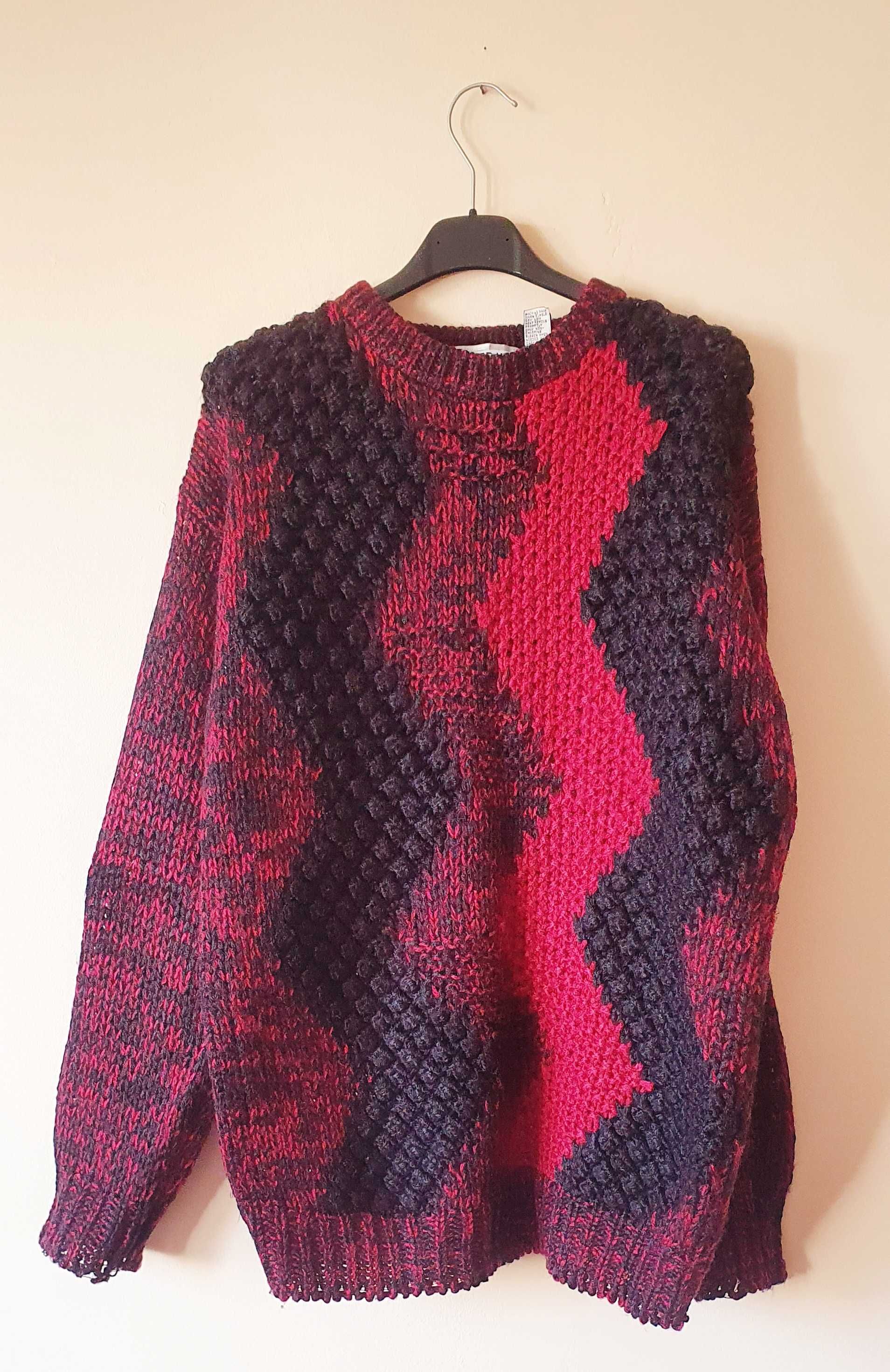 Saturdays oryginalny bordowo czarny sweter retro oversize m y2k