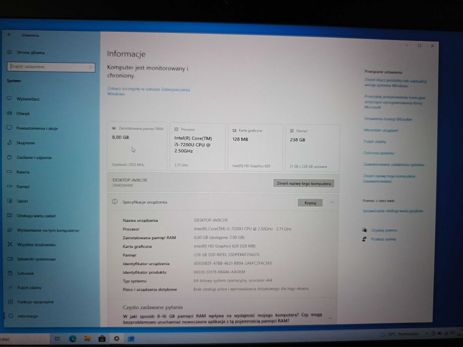 Laptop Lenovo T470 i5 podśw. klawiatura, 6h baterie, Dysk NVMe
