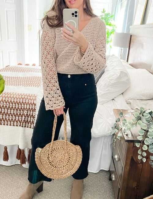 Nowy sweter szydełkowy kardigan wełniany handmade kopertowy wełna 38 M