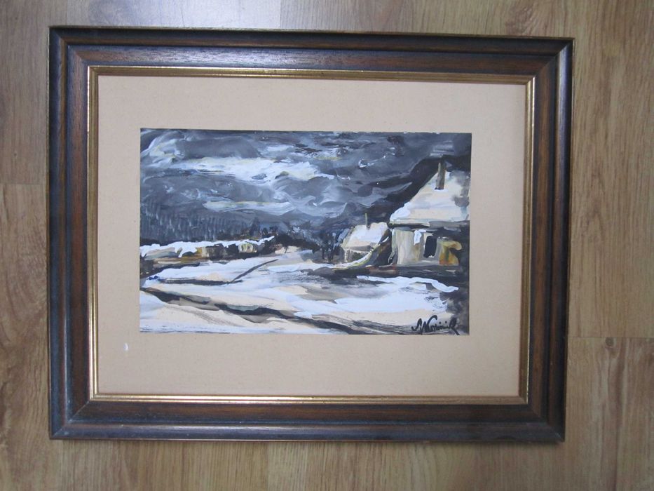 zimowy pejzaż malowany, farba wodna, 46/36
