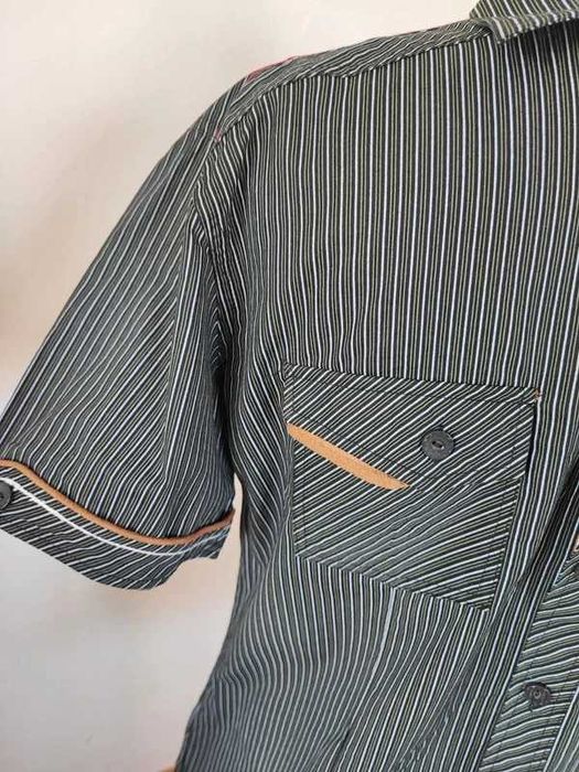 Koszula męska w paski, skórzane wstawki, krótki rękaw, r. l