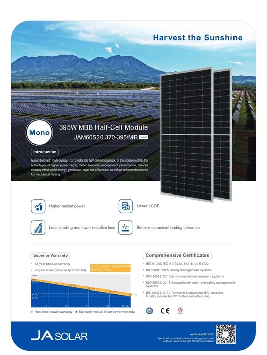 Panel fotowoltaiczny 385W JA Solar JAM60S20-385/MR SF - Srebrna rama,