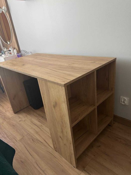 Designerskie biurko, solidne, z półką na książki, dąb craft złoty