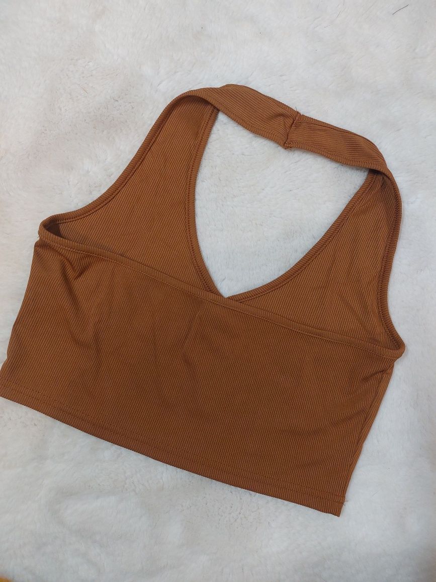 Brązowa bluzka na szyję crop top bez pleców koszulka na lato 38/M