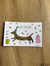 Kartka urodzinowa urodizny jamnik dachshund pies psiara prezent boho