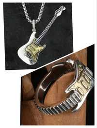 Кулон цепочка гитара и готическое кольцо гитара регулируемое .