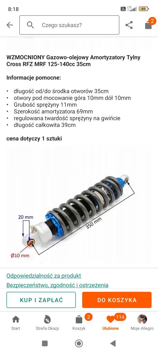 Wzmocniony amortyzator tył cross 125 140cc SYD  RFZ MRF