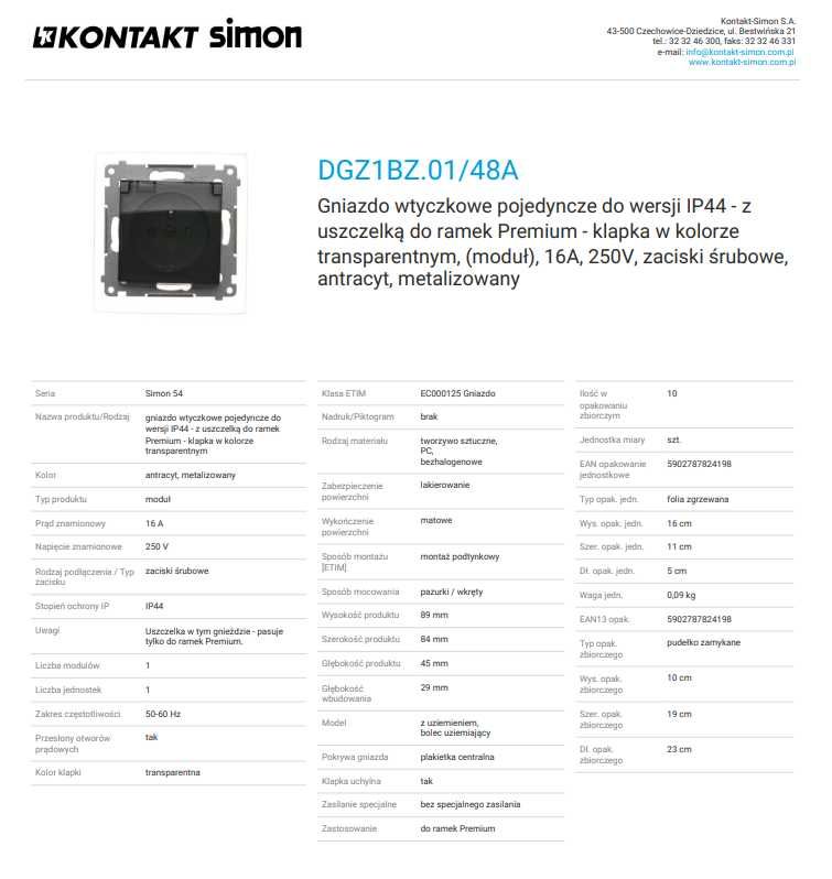 Simon 54 DGZ1BZ.01/48A Gniazdo wtyczkowe pojedyncze do wersji IP44