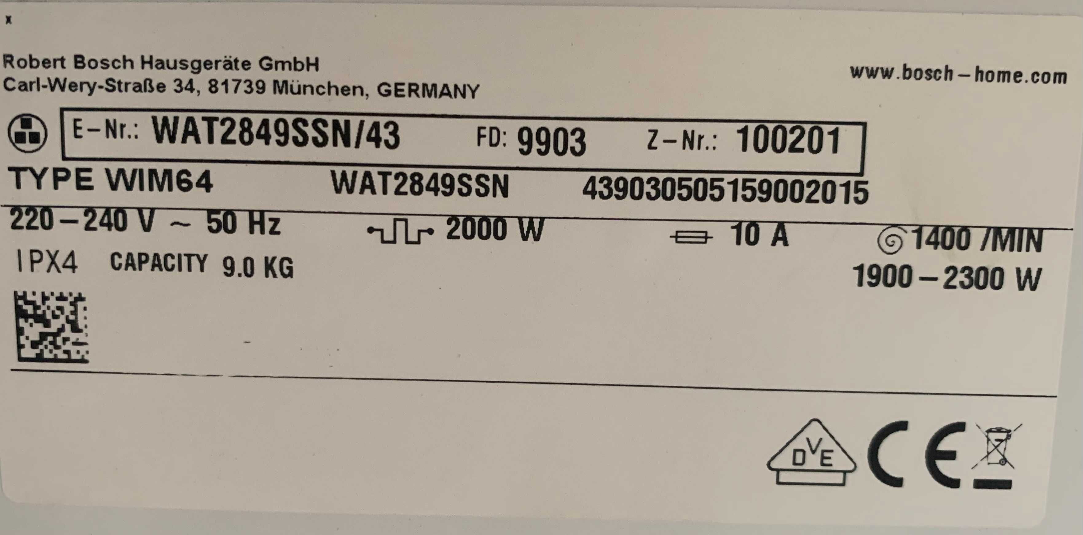 2019рік Пральна стиральная машина Bosch Serie6 WAT2849SSN A+++9kg