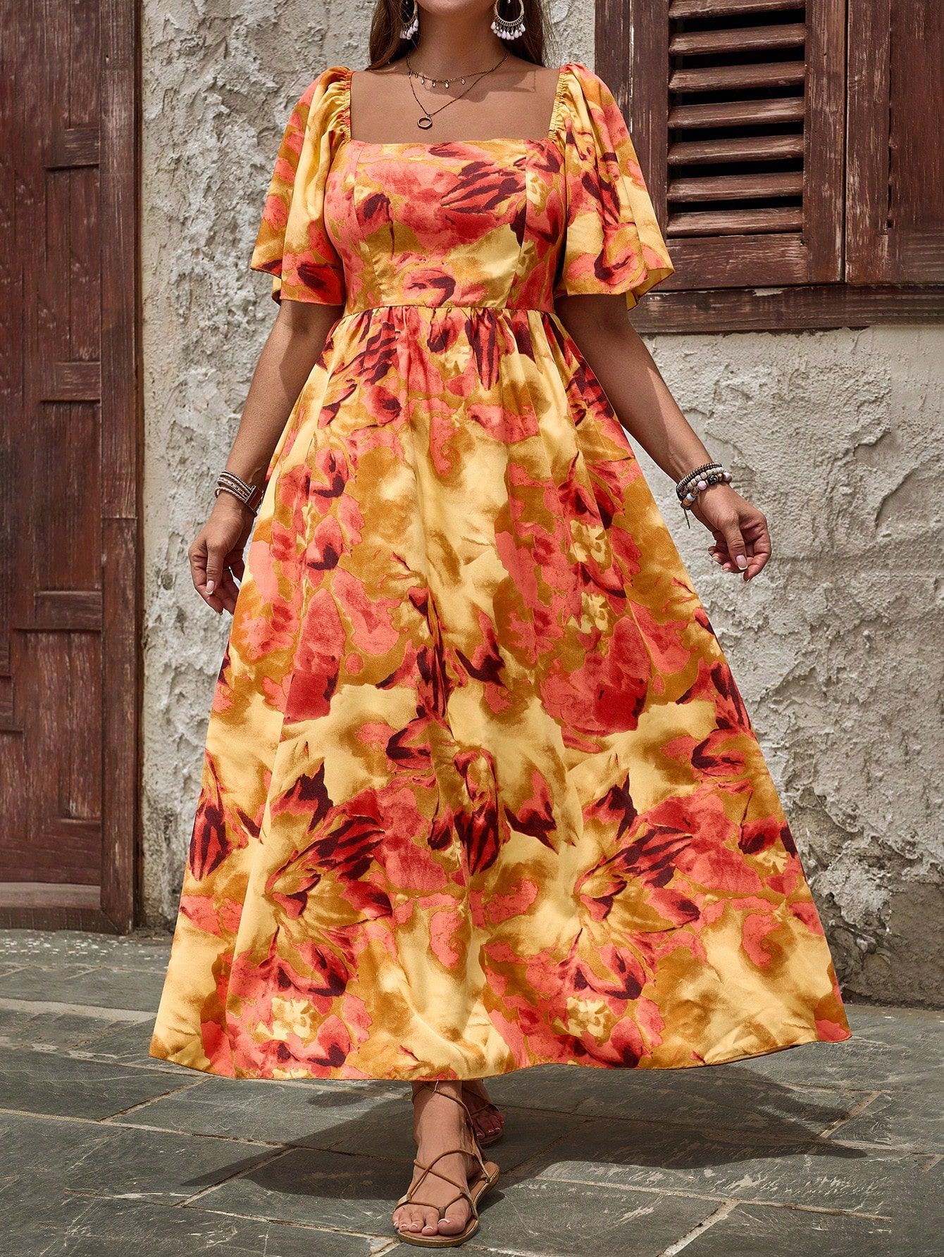 Sukienka Maxi Letnia Boho W Kwiaty Kwadratowy Dekolt Shein Xxl 44