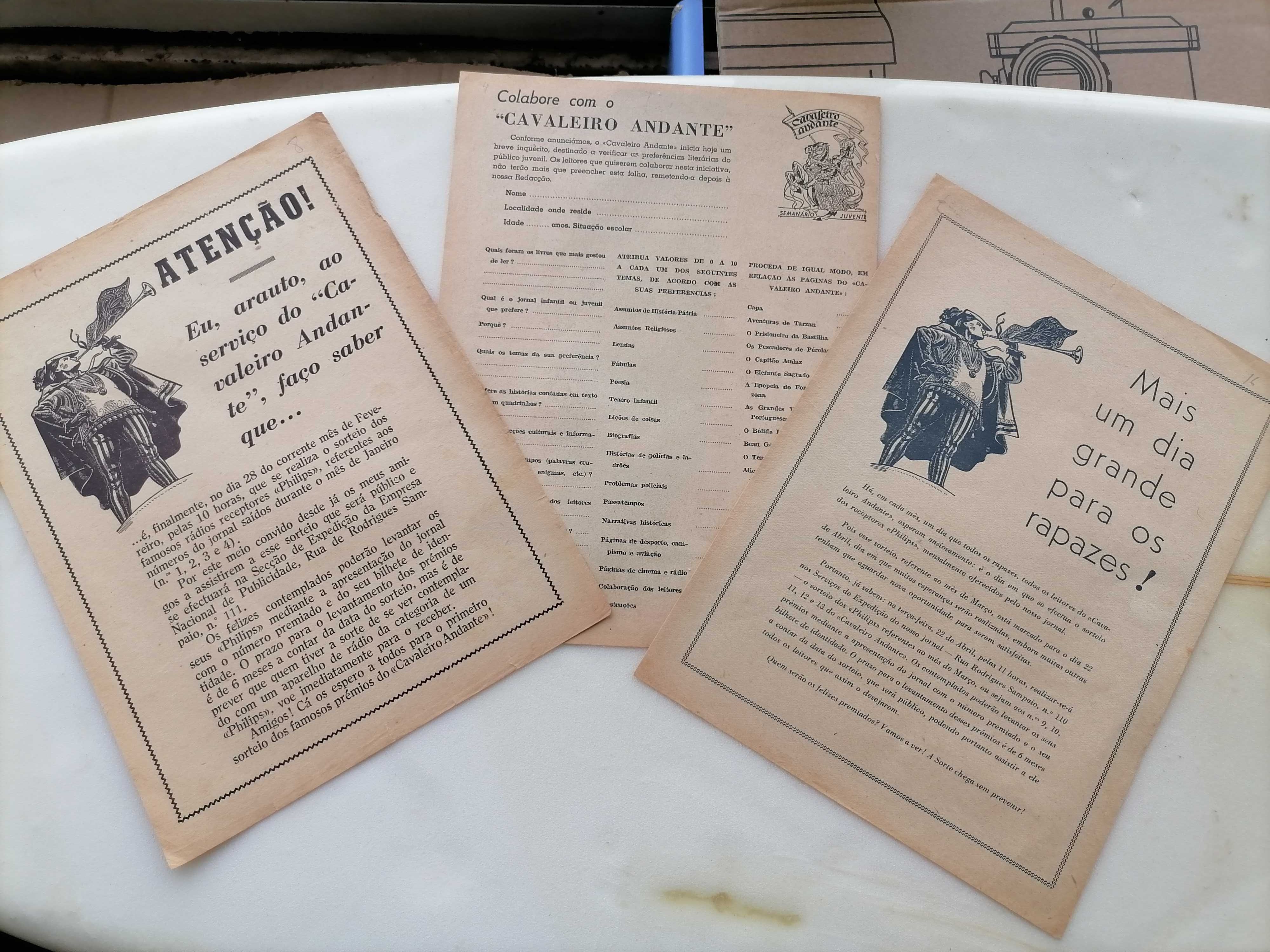 3 Separatas Cavaleiro Andante 1952  Sorteios e Inquérito aos Leitores